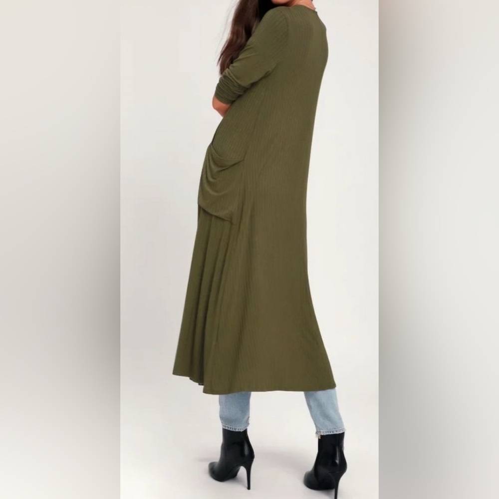 NWOT Lulus | Brody Olive Green Ribbed Maxi Long Duster Cardigan - Picture 4 of 8
